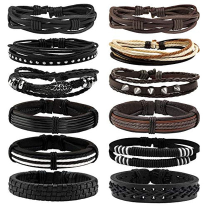 6-12PCS Braided Faux Leather Bracelet Punk Cuff Wrap Bracelets for Men Women Adjustable - color: J:12pcs