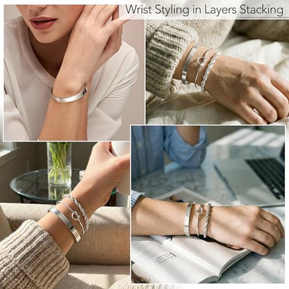 925 Sterling Silver Bracelets for Women Stack, Trendy Tennis Bangle Cuff Jewelry Set 14K Gold Plated, Adjustable Bracelet Set for Wrist Essentials, Women Fashion Watch Band Acecessories - style: Bracelet_3pcs(Silver Bangle Set)