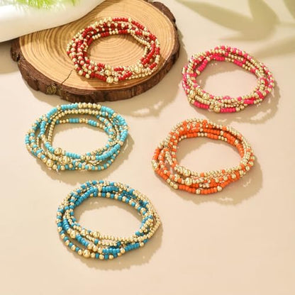 LOTSOF Bohemia Multilayer Beaded Bracelet Set, Turquoise Resin Colorful Surfer Heishi Style Elastic Spring Clasp Friendship Elastic Wristbands Summer Beach Boho Vacation Jewelry - color: Dark Blue