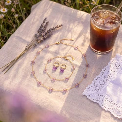 Daisy Pearl Jewelry Set for Women, 14K Gold Plated Stainless Steel Necklace Bracelet Earring 3 Piece Set, Dainty Pearl Choker Flower Necklace Birthday Gift for Her - color: Purple