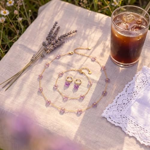 Daisy Pearl Jewelry Set for Women, 14K Gold Plated Stainless Steel Necklace Bracelet Earring 3 Piece Set, Dainty Pearl Choker Flower Necklace Birthday Gift for Her - color: Purple