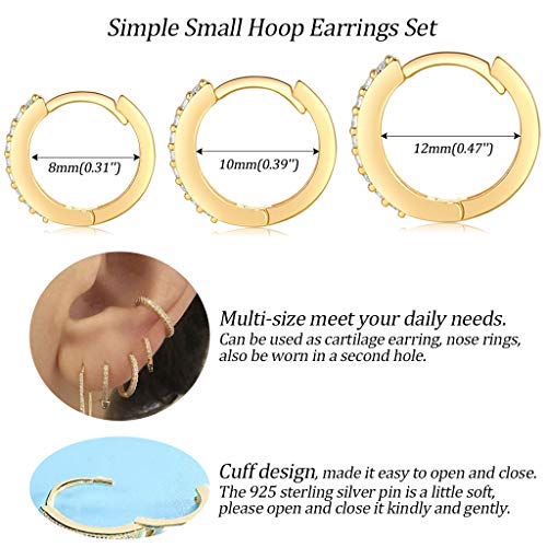 Silver Hoop Earrings for Women, 3 Pairs Small Sterling Silver Huggie Earrings | Tiny Cubic Zirconia Cartilage Cuff Earrings Hoop Piercing Jewellery for Men Teens (8mm/10mm/12mm) - color: 3 Pairs(8/10/12mm)-Gold