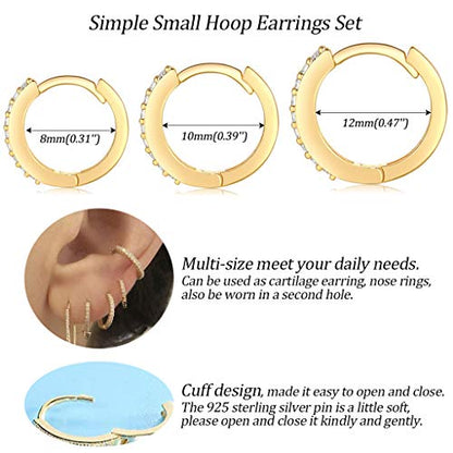 Silver Hoop Earrings for Women, 3 Pairs Small Sterling Silver Huggie Earrings | Tiny Cubic Zirconia Cartilage Cuff Earrings Hoop Piercing Jewellery for Men Teens (8mm/10mm/12mm) - color: 3 Pairs(8/10/12mm)-Gold