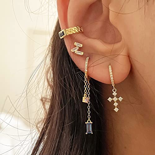 DAILY VIBES Cute Gold Mini Dangle Huggie Hoop Earrings for Women Trendy | 14K Gold Plated, Dainty Cubic Zirconia, Small Hoop Earrings with Charm Drop, Jewelry Gift for Women Ladies - color: Cross B CZ