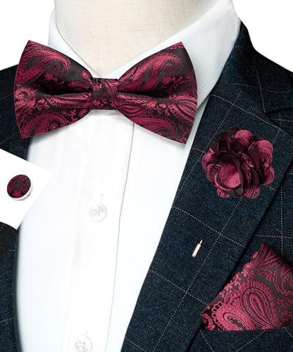 JEMYGINS Mens Paisley Bow Tie and Lapel Pin Necktie Pocket Square and Tie Clip with Sets for Business Casual 4PCS - color: Maroon