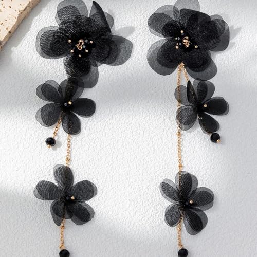 Flower Earrings for Women Long Fabric Flower Tassel Earrings Bohemian Handmade Floral Statement Earring Wedding Prom Jewelry Gifts - color: A3：black