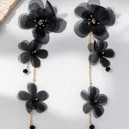 Flower Earrings for Women Long Fabric Flower Tassel Earrings Bohemian Handmade Floral Statement Earring Wedding Prom Jewelry Gifts - color: A3：black