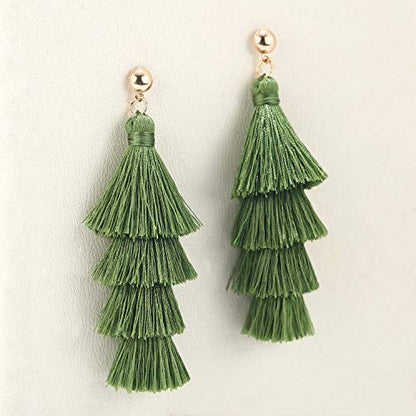 BaubleStar Bohemian Layered Tassel Drop Earrings for Women | Lightweight Statement Party Festival Jewelry - color: Green