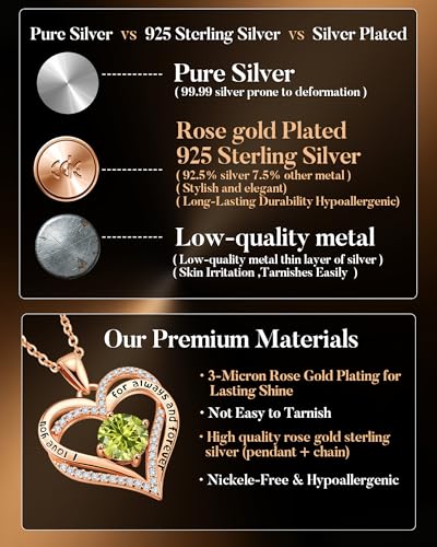 CDE S925 Silver Engraved Forever Love Heart Birthstone Necklaces for Women | 5A CZ,Hypoallergenic,Nickel-Free & Lead-Free Pendant,Anniversary Christmas Wedding Birthday Gift for Wife Girlfriend - color: 08-Aug, style: Rose Gold Plated