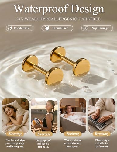 YADOCA Threadless Flat Back Earrings Gold Nose Studs Surgical Steel | Push-in flat back design for cartilage tragus helix conch and medusa piercings, gold plated stainless steel studs - color: Gold Round, size: 16G(1.2MM)