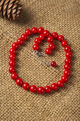 Red Hand Knotted Faux Pearl Jewelry Set for Women, Necklace Earrings | Glass Material, Gift, Party - style: 8MM 16inch Red