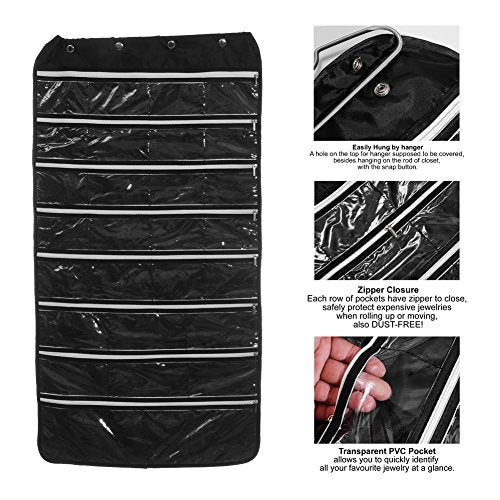 56 Pockets Large Zippered Dual Sided Jewelry Hanging Organizer Necklace Earrings Bracelets Rings Accessories Storage Bag Wall Mounted Door Cabinet Hanger Holder Clear Pouch Display Foldable
