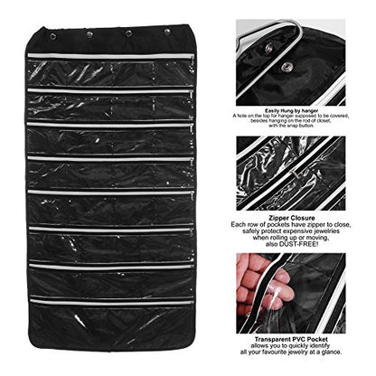 56 Pockets Large Zippered Dual Sided Jewelry Hanging Organizer Necklace Earrings Bracelets Rings Accessories Storage Bag Wall Mounted Door Cabinet Hanger Holder Clear Pouch Display Foldable