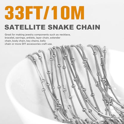33FT 1mm Stainless Steel Satellite Snake Chain Roll Bulk for Jewelry Making | 304 Stainless Steel Beaded Round Snake Chains Spool for DIY Craft Necklace Bracelet - color: Small Beads Stainless Steel Satellite Snake Chains