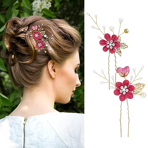 Cinaci 18 Pieces Bridal Wedding Party Prom Pearl Rhinestone Rose Red Flower Hair Side Combs Slides+U-shaped Flower Hair Pins+Twist Spiral Hairpins Floral Headpieces for Brides Bridesmaids Women Girls - color: Rose Red