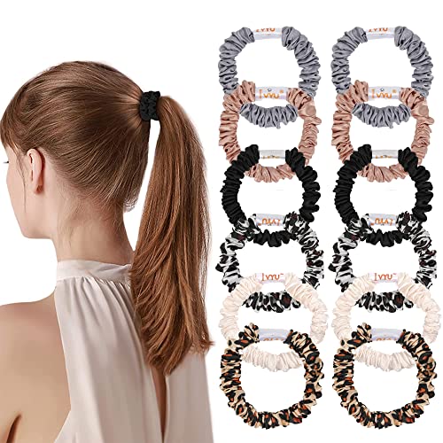 Hair Ties Silk Satin Scrunchies - Small Mini Scrunchy for Women Thick Hair Accessories Cute Soft No Slip Hair Elastics Ponytail Holder for Curly Hair No Damage Hairties Gift for Girls - color: Leopard Mixed Colors