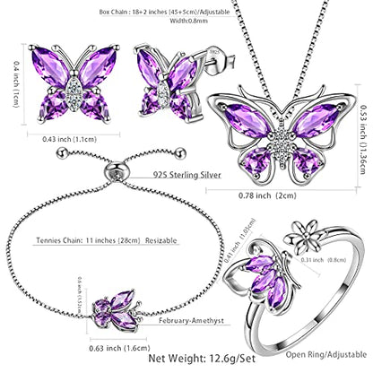 Aurora Tears Butterfly Jewelry,Women 925 Sterling Silver Butterflies Birthstone Pendant Necklace/Earrings/Rings Wedding Gift - color: B.February-set 3