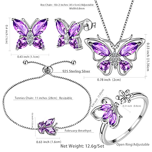 Aurora Tears Butterfly Jewelry,Women 925 Sterling Silver Butterflies Birthstone Pendant Necklace/Earrings/Rings Wedding Gift - color: B.February-set 3
