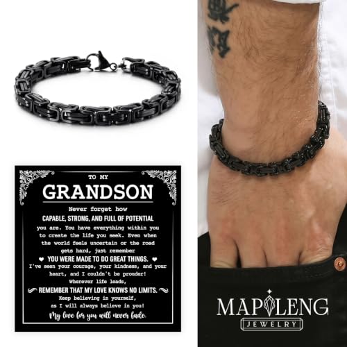Grandson Gifts from Grandma Grandpa, Black Stainless Steel Bracelet with Meaningful Message Card, Birthday Gift for Grandson, Graduation Christmas Gift, Inspirational Keepsake Jewelry for Men - color: Grandson #8