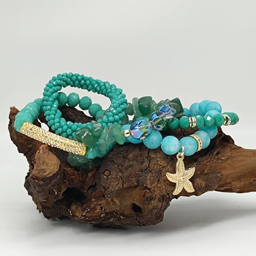 Yomisa Boho Beaded Bracelets/Bangle for Women,Multilayer 5/6/7PCS Healing Natural Handmade Stone Bead Bracelets Stackable Stretch Friendship Beaded Bracelet Set Trendy Western Bohemian Jewelry Gift - color: 5pcs-Green