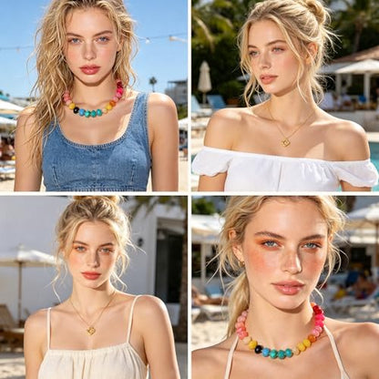 YUJIE Chunky Heart Pendant Necklace for Women- Exaggerated Statement Puff Heart Necklace with Acrylic Beaded Chain - color: B-Multi colour