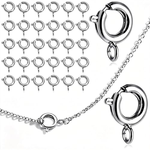 stino 100Pcs Small Spring Round Jewelry Clasps (White Gold Plated) | Brass, High Polished, Necklaces & Bracelets Findings - color: White Gold Plated
