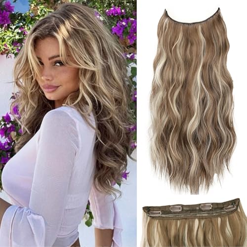 Ash Brown Halo Hair Extensions with Beach Blonde Highlights | 20 Inch Wavy Synthetic Fiber with Invisible Wire and 4 Secure Clips for Easy Daily Styling and Party Wear - color: Ash Brown with Beach Blonde