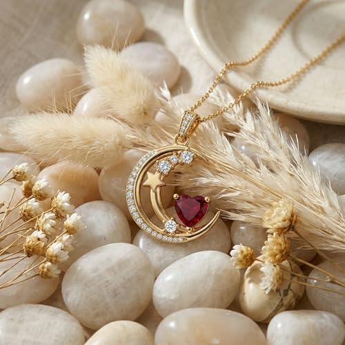 Midari 18K Gold Moon Star Necklace Moon Star Pendant Necklace with 12 Months Birthstones Moons Jewelry Gifts for Women Mom Her - color: 01-January