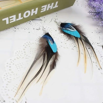 18K Gold Plated Bohemian Feather Drop Earrings – Long Dangle Handmade Earrings with Blue & Natural Feathers, Lightweight Ethnic Statement Jewelry