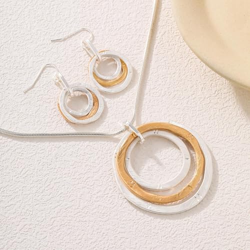 3 Circles Silver Hoop Earrings Necklace Set for Women Geometric Jewelry Set | 925 Silver Hypoallergenic Small Hoop Circle Geometry Textured Finish Minimalist Style Comfortable Wear - style: Gold Hammered Hoop