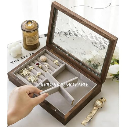 Wooden Jewelry Box with Glass Lid, Multi-Compartment Jewelry Display Case, Ligth Gray Velvet Lining, Walnut Brown - color: Ligth Gray Velvet Lining, Walnut Brown