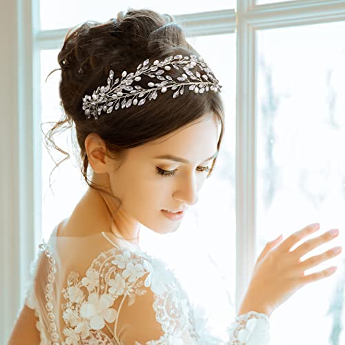 Oriamour Bridal Crystal Headbands Double Layer Wedding Headdress Gold Wedding Headpieces For Women (Silver) - color: Silver