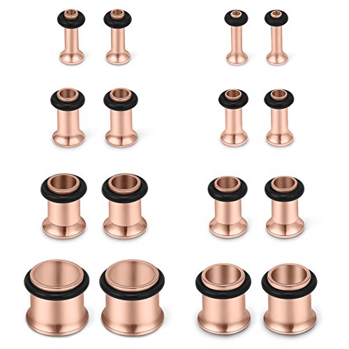SCERRING 16PCS Ear Tunnels Stretching Kit Stainless Steel Gauge Plugs Set Single Flared Expanders 12G-00G (2mm-10mm) - color: 8Pairs - Rose Gold