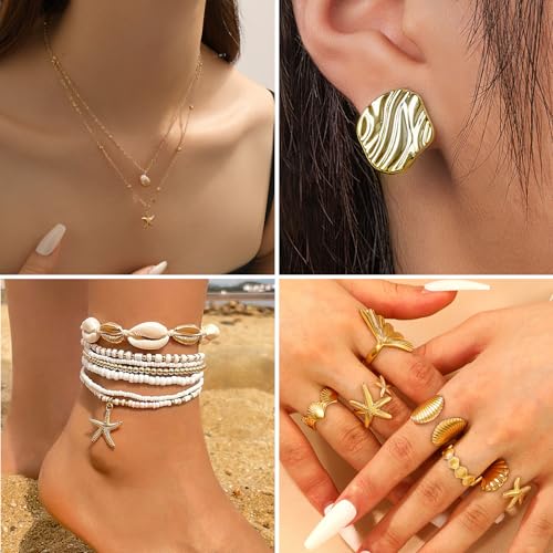 Boho Beach Jewelry Sets for Women | Summer Seashell Starfish Accessories, Necklace, Earrings, Rings Anklet - style: 24pcs Starfish Beach Set