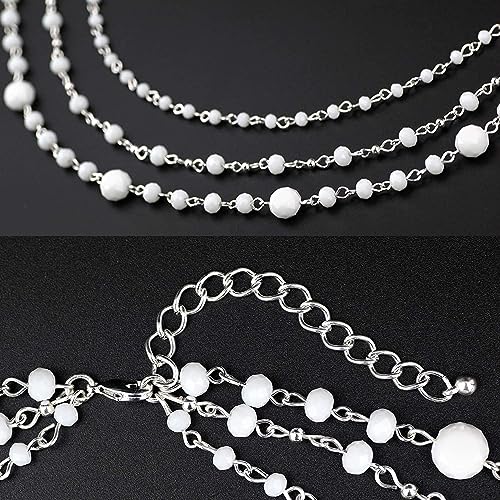 Firstmeet Long Chain Multi Layer Fashion Glass Beads Handmade Necklace for Women - color: White-y
