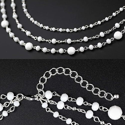 Firstmeet Long Chain Multi Layer Fashion Glass Beads Handmade Necklace for Women - color: White-y