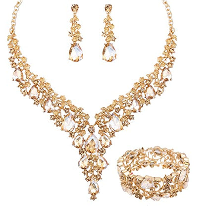 CSY Elegant Crystal Costume Jewelry Sets Flower Bridal Necklace Earrings Stretch Bangle Set for Bride Bridesmaid Wedding Dress Accessories - color: champagne gold