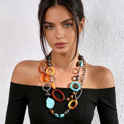 NewZenro Turquoise Colorful Beaded Long Strand Chain Necklaces for Women | Boho Layered Geometric Circle Resin Wooden Beaded Statement Necklace