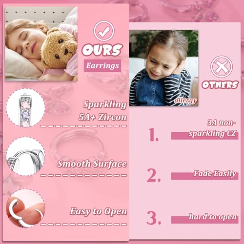 YADOCA Hypoallergenic Hoop Earrings For Girls Women Kids Toddler Earrings | Cute Small Huggie Hoop Earring Set Colorful Blue Pink CZ Cartilage Earring 10mm 4 Pairs Butterfly Star Wear While Sleeping - color: Pink