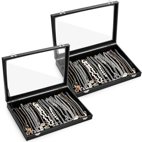 Elsjoy 2 Pack Necklace Organizer Box, Premium Necklace Display Cases with Transparent Glass Lid, Black Velvet Necklace Storage Holder Box, 40 Hooks (20 Per Box)