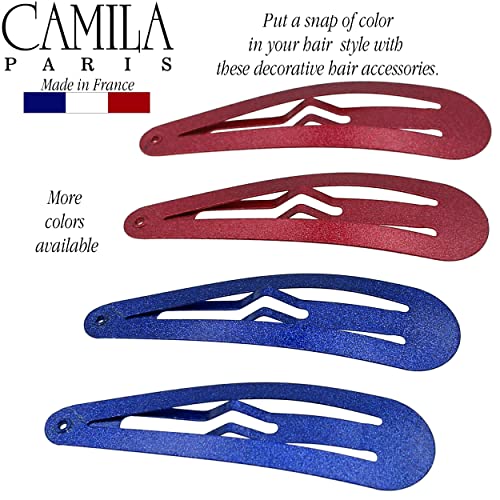 Camila Paris CP1330H French Hair Barrettes Clips, Snap Hair Slides Clic Clac for Women, Styling Girls Side Slide-in Metal Snap Pin Hair Accessories for Women. Strong Hold, No Slip Grip, Made in France - color: 4PK Metal Blue/Red2 2"