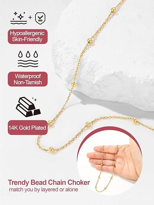 FOCALOOK Choker Necklace for Women, Double Layered Boho Beaded Choker Chain | Dainty 14K Gold Plated/Silver/Black Metal, Simple Small Satellite Beaded Chain Necklace, Hypoallergenic for Everyday Wear - color: 02.Satellite Beads-Gold