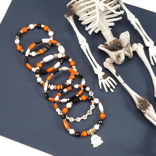 Ardorchid Halloween Bracelets for Women Pumpkin Ghost Steleton Bat Skull Beaded Stackable Stretchy Bracelet Rugby Thanksgiving Christmas Heishi Bracelets - color: Halloween Bracelet -2