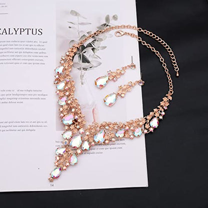 CSY Elegant Crystal Costume Jewelry Sets Flower Bridal Necklace Earrings Stretch Bangle Set for Bride Bridesmaid Wedding Dress Accessories - color: AB crystal-rose gold tone