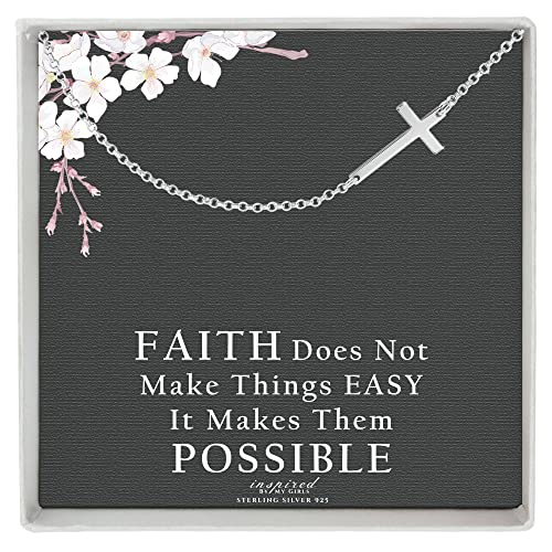 Sterling Silver Sideways Cross Necklace with Adjustable Rolo Chain and Faith Keepsake Card Gift For Women - style: Sterling Silver