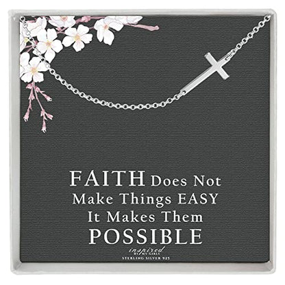 Sterling Silver Sideways Cross Necklace with Adjustable Rolo Chain and Faith Keepsake Card Gift For Women - style: Sterling Silver
