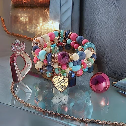 Women Beaded Bracelet Set | Colorful Boho Stackable Trendy Design with Crystal Accents Multilayer Bangle Bracelet | Fashion Stretch Braclets Jewelry for Women - color: Mixed-Pink