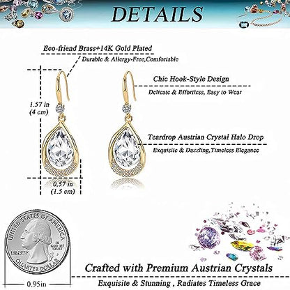 Austrian Crystal Halo Teardrop Hollow Drop Dangle Earrings for Women 14K Rose Gold Plated Hypoallergenic Jewelry Gifts - color: Clear White