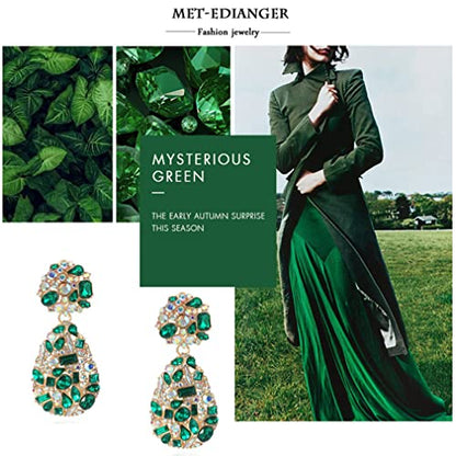 Rhinestone Statement Earrings Teardrop Costume Earrings Cluster Crystal Chandelier Drop Dangle Earrings for Women - color: Green