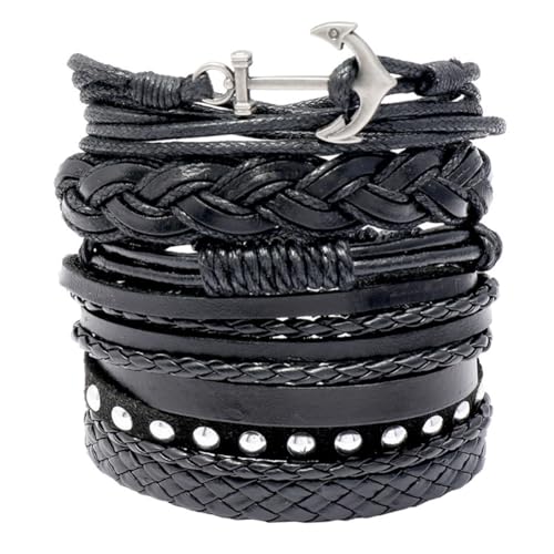 Leather Cuff Bracelet for Men Women, Multilayer Braided Wristband, Adjustable 6.5-9.5 Inches Wrap Bracelets Punk Gothic Grunge - color: Anchor set - 6Pcs